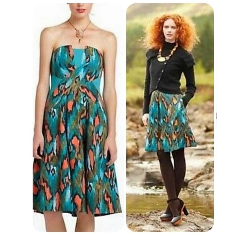 Anthropologie x Girls from Savoy Ikat Strapless Midi Dress Womens 6 Teal Coral
